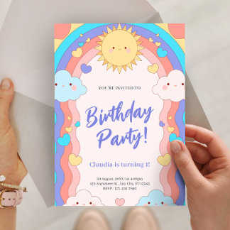 Colorful Rainbow & Clouds Kids 1st Birthday Party Invitation