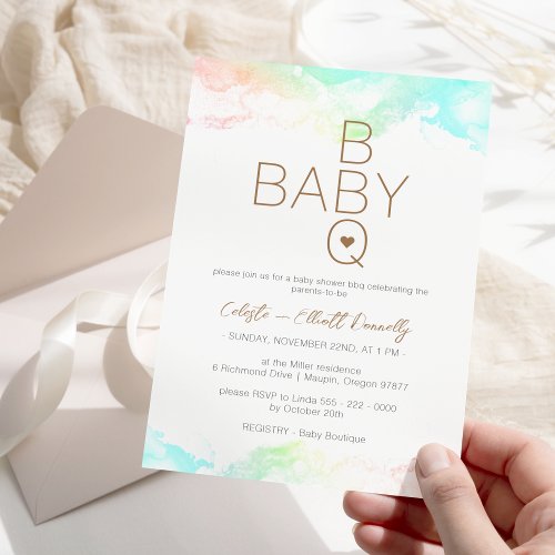 Colorful Rainbow Clouds White BBQ Baby Shower Invitation