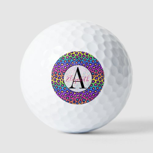 Colorful Rainbow Colored Cheetah Monogrammed Golf Balls