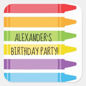 Colorful Rainbow Colored Crayons Birthday Square Sticker by csinvitations at Zazzle
