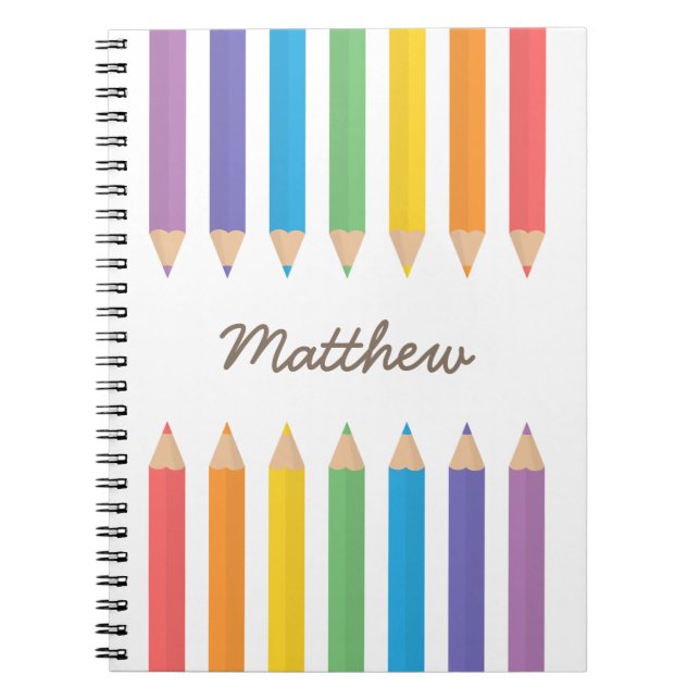 Colorful Rainbow Coloring Pencils Kids Name Notebook (Front)