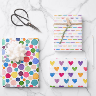 Colorful Rainbow Confetti Dots Stripe Love Heart W Wrapping Paper Sheets