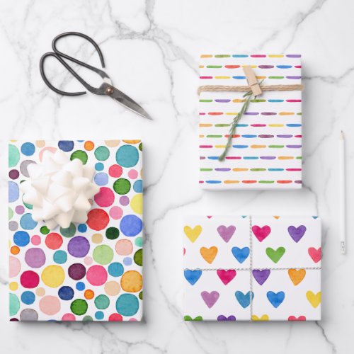 Colorful Rainbow Confetti Dots Stripe Love Heart W Wrapping Paper Sheets