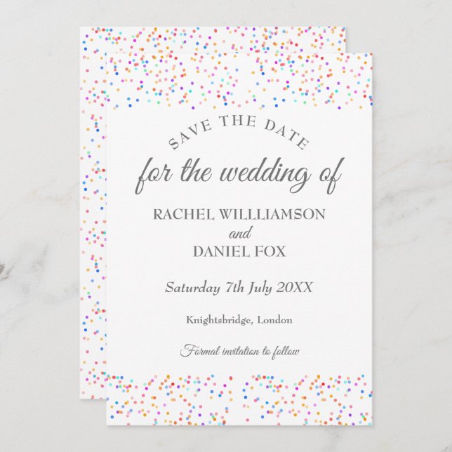 Colorful Rainbow Confetti Save the Date Card (Front/Back)