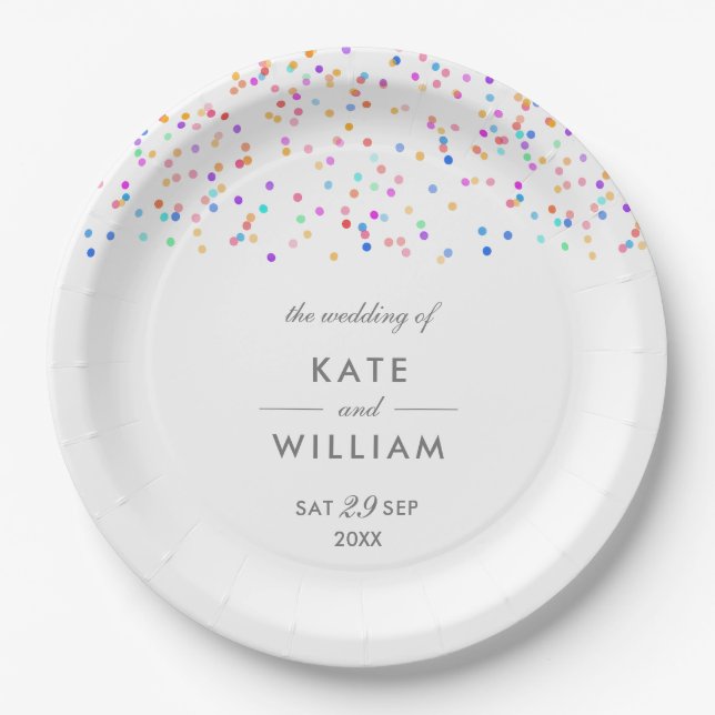 Colorful Rainbow Confetti Wedding Paper Plates (Front)