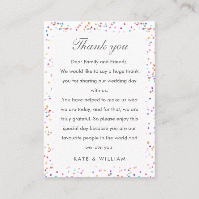 Colorful Rainbow Confetti Wedding Thank You Place Card (Front)