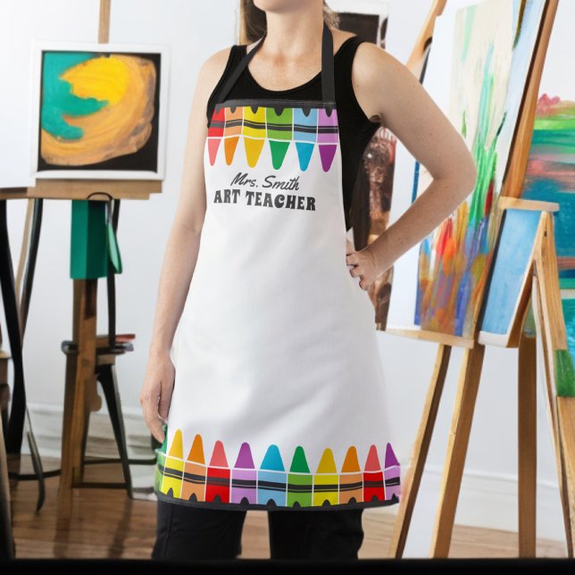 Colorful Rainbow Crayons Art Teacher Personalized Apron (Creator Uploaded)