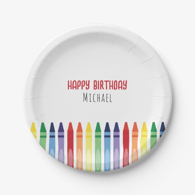 Colorful Rainbow Crayons Birthday Party Paper Plates (Front)