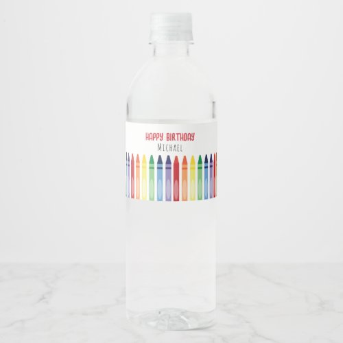 Colorful Rainbow Crayons Birthday Party Water Bottle Label