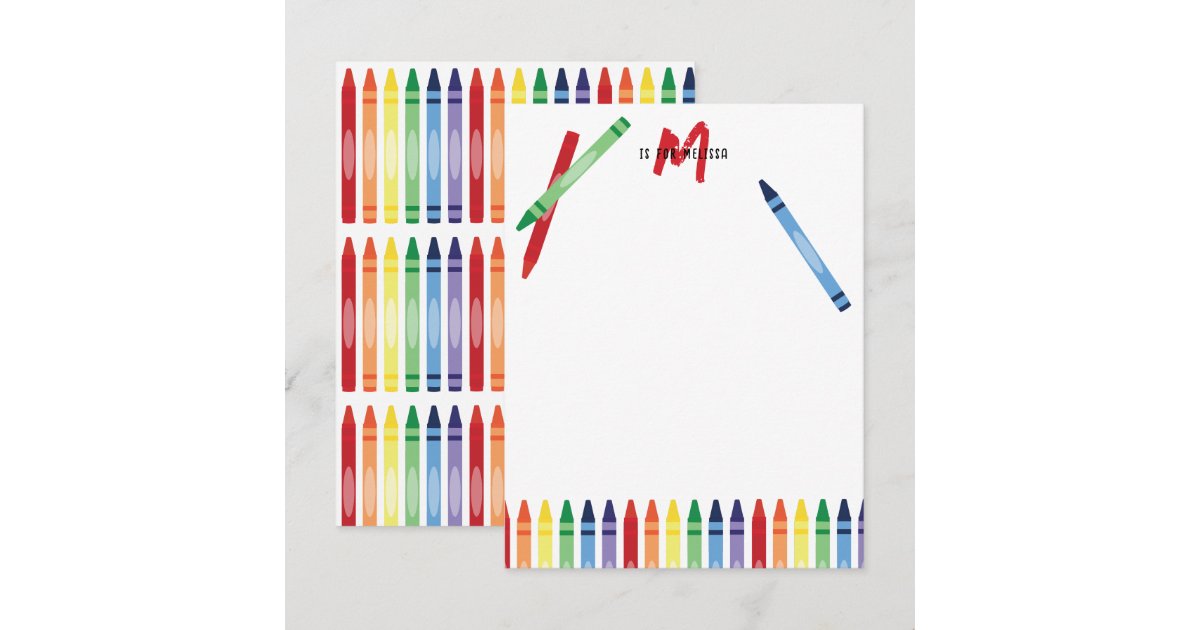 Colorful Rainbow Crayons Cute Monogram Kids Note Card | Zazzle