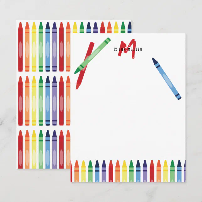 Colorful Rainbow Crayons Cute Monogram Kids Note Card | Zazzle