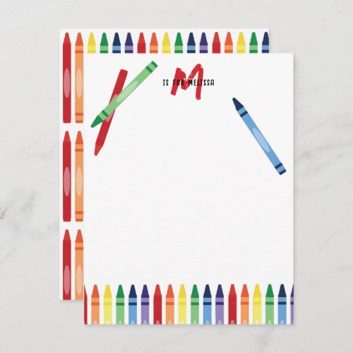 Colorful Rainbow Crayons Cute Monogram Kids Note Card