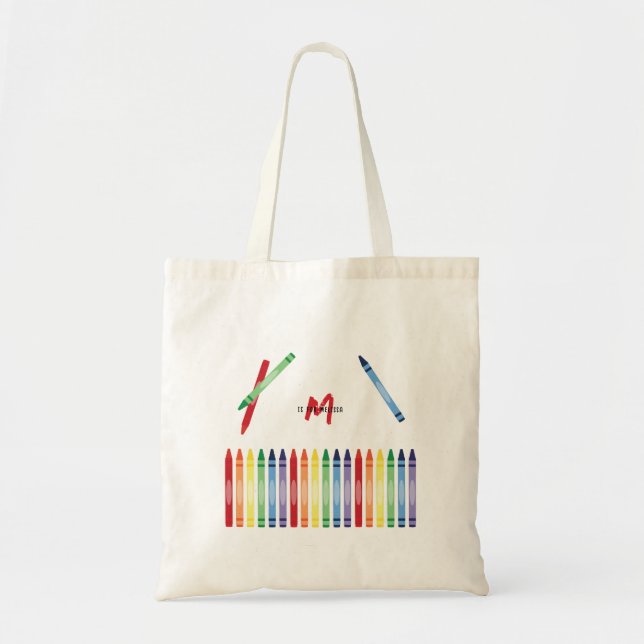 Colorful Rainbow Crayons Cute Monogram School Tote Bag (Front)