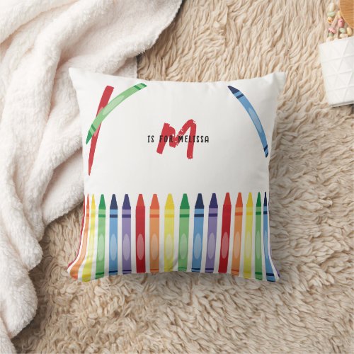 Colorful Rainbow Crayons Cute Monogram Throw Pillow