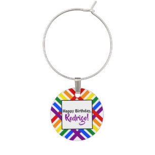Colorful Rainbow Criss-Cross Stripes Birthday Wine Charm