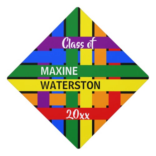 Colorful Rainbow Criss_Cross Stripes Name Class of Graduation Cap Topper