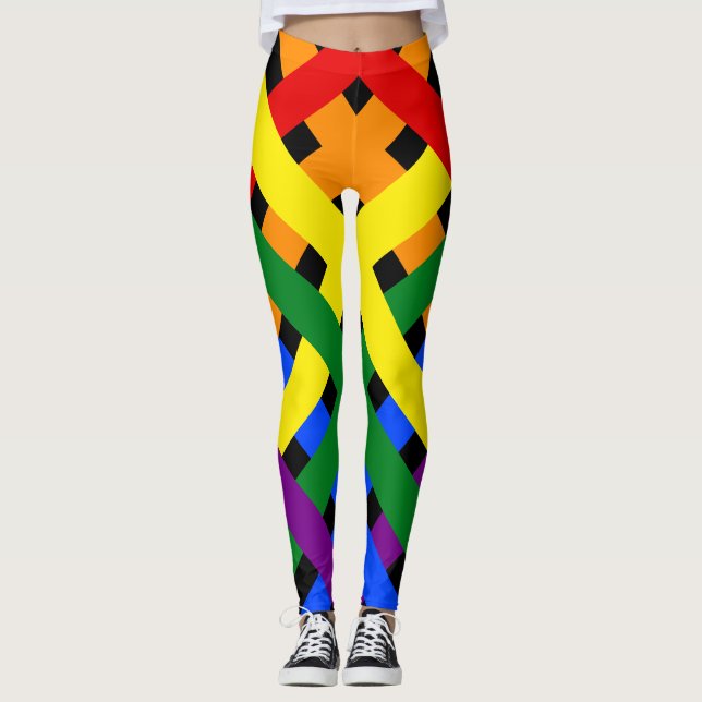 Colorful Rainbow Diagonal Criss-Cross Stripes Leggings (Front)