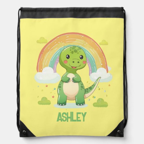 Colorful Rainbow Dino With Kids Name Drawstring Bag