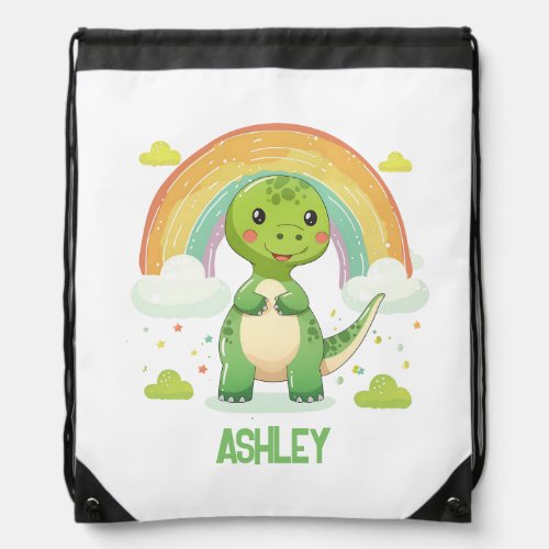 Colorful Rainbow Dino With Kids Name Drawstring Bag