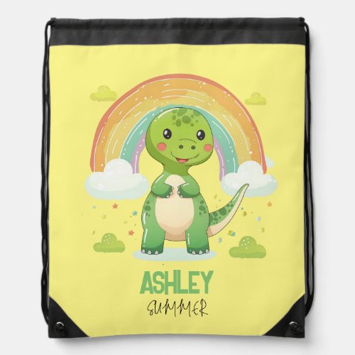 Colorful Rainbow Dino With Kids Name Drawstring Bag