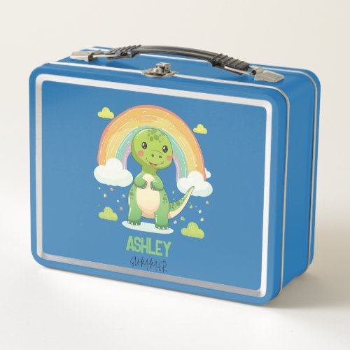 Colorful Rainbow Dino With Kids Name Metal Lunch Box