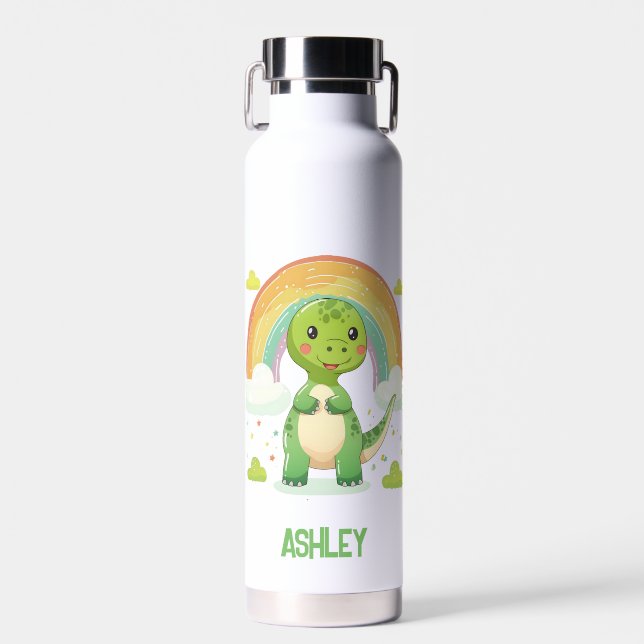 Colorful Rainbow Dino With Kids Name Water Bottle (Front)