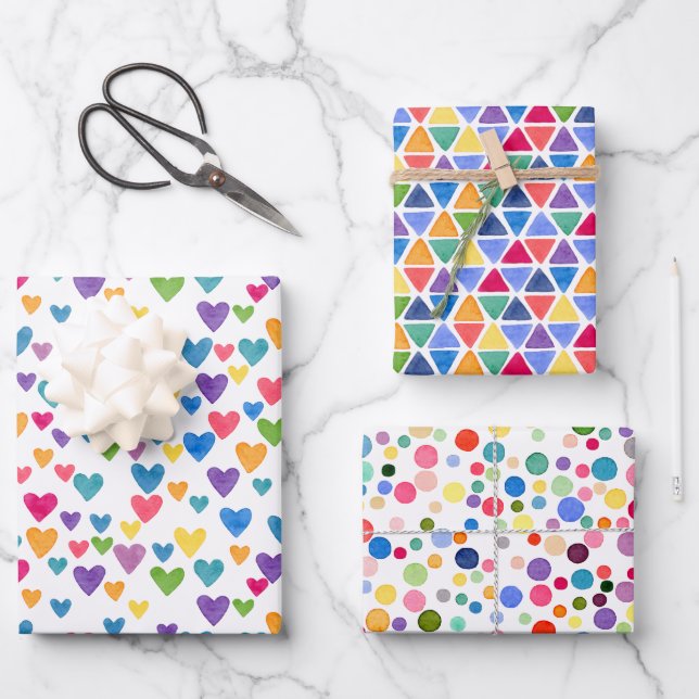Colorful Rainbow Dots Abstract Triangle Heart Wrapping Paper Sheets (Front)