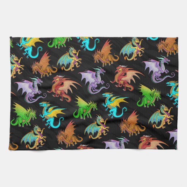 Colorful Rainbow Dragons School Kitchen Towel (Horizontal)
