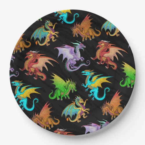 Colorful Rainbow Dragons School Paper Plates