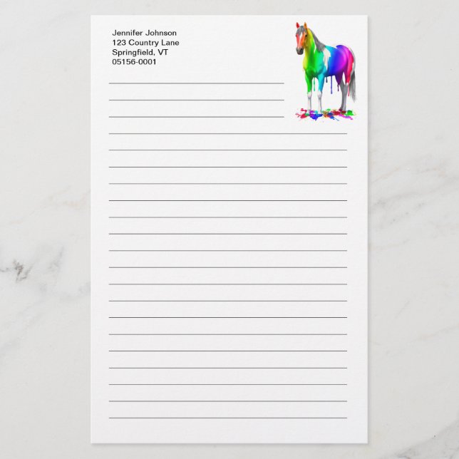 Colorful Rainbow Dripping Wet Paint Horse Stationery (Front)