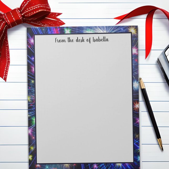 Colorful Rainbow Fireworks, Night Sky, Celebration Notepad (Colorful rainbow fireworks border notepad)