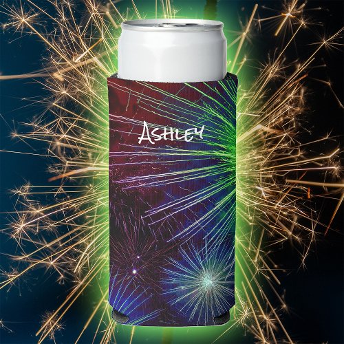 Colorful Rainbow Fireworks Summer July Party Name Seltzer Can Cooler