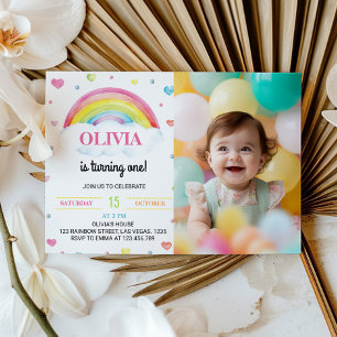 Colorful Rainbow First Birthday Photo Invitation