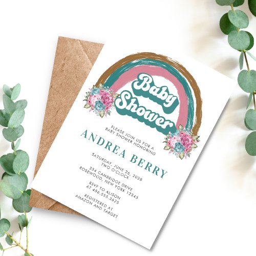 Colorful Rainbow Floral Retro Baby Shower Invitation