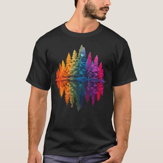 Colorful Rainbow Forest Trees Reflection Wildlife T-Shirt (Front)