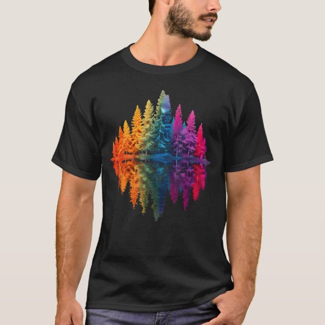 Colorful Rainbow Forest Trees Reflection Wildlife T-Shirt (Front)