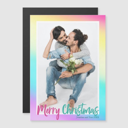Colorful Rainbow Gay Couple Photo Christmas Magnet