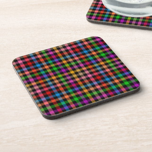 Colorful Rainbow Gingham Plaid Design - Black  Beverage Coaster (Left Side)