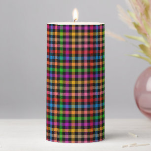 Colorful Rainbow Gingham Plaid Design - Black Pillar Candle