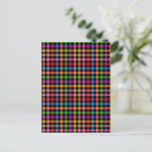 Colorful Rainbow Gingham Plaid Design - Black  Postcard (Standing Front)