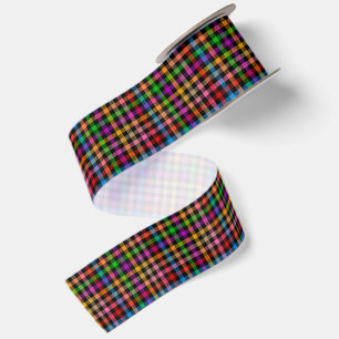 Colorful Rainbow Gingham Plaid Design - Black Satin Ribbon