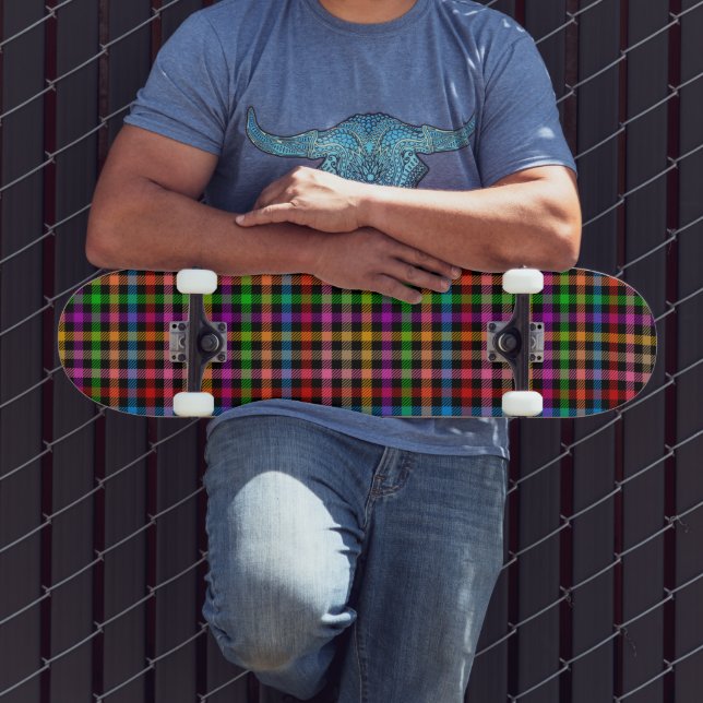 Colorful Rainbow Gingham Plaid Design - Black  Skateboard (Outdoor 3)
