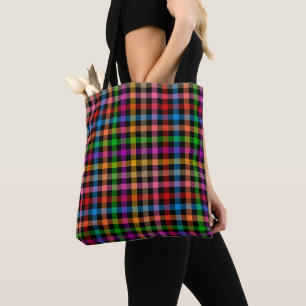 Colorful Rainbow Gingham Plaid Design - Black Tote Bag