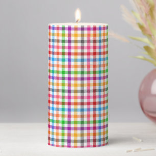 Colorful Rainbow Gingham Plaid Design - White Pillar Candle