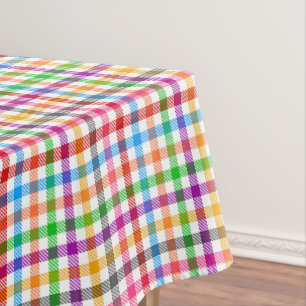 Colorful Rainbow Gingham Plaid Design - White Tablecloth