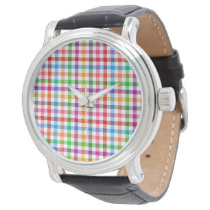 Colorful Rainbow Gingham Plaid Design - White Watch
