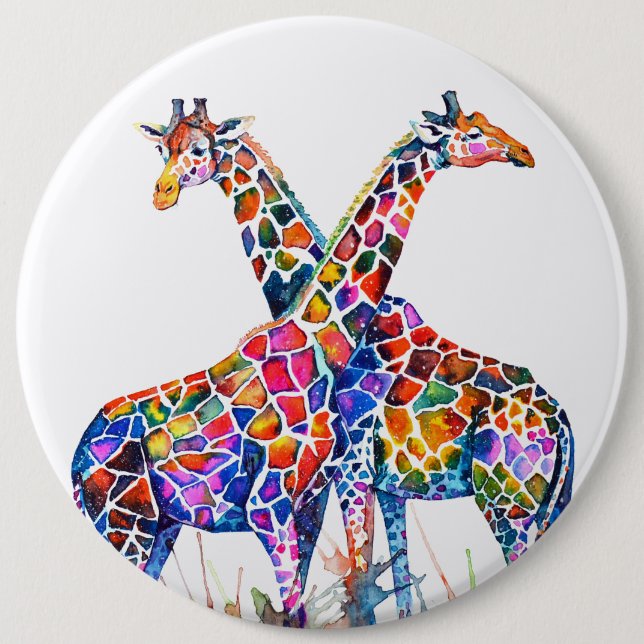 Colorful Rainbow Giraffes Watercolor Button (Front)