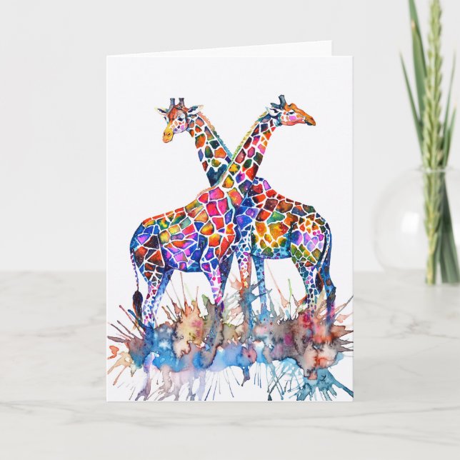 Colorful Rainbow Giraffes Watercolor Card (Front)
