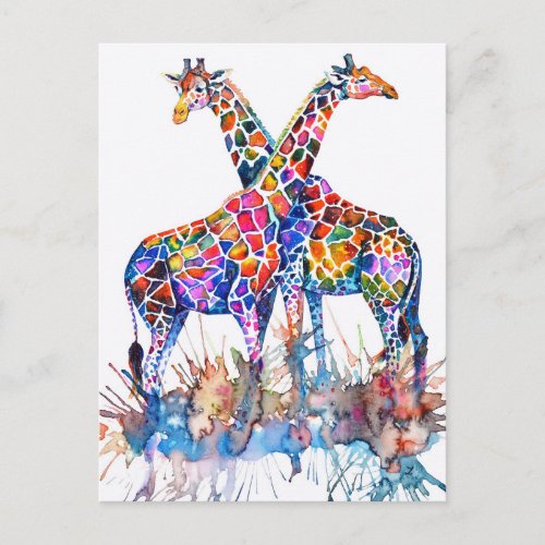 Colorful Rainbow Giraffes Watercolor Postcard