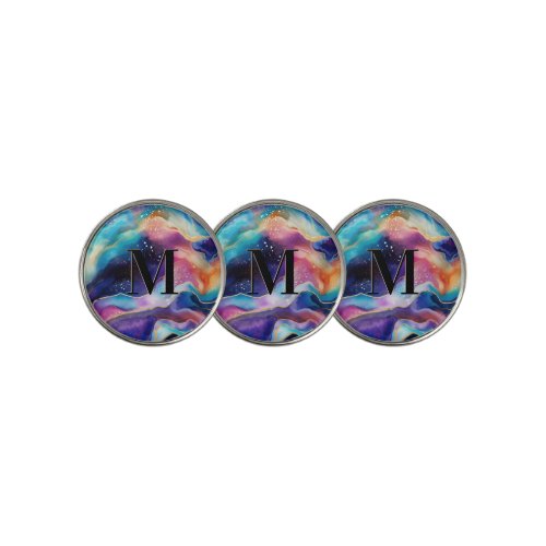 Colorful Rainbow Glitter Agate Pattern Monogram Golf Ball Marker